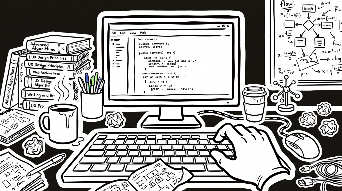 Ilustración estilo cómic en blanco y negro de un escritorio de desarrollador: una mano escribe en el teclado frente a un monitor con código, rodeado de una pila de libros técnicos, café, lápices, papeles arrugados y una pizarra con fórmulas y un diagrama de flujo
